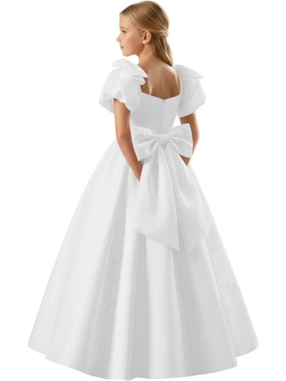 Elegant Satin Flower Girl Dress with Bow Shoulder, A-Line Puff Sleeve Gown for